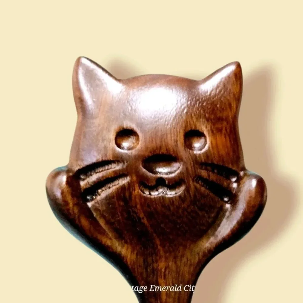 Wood Cat Face & Body Stick Chinese Style Women Hairpin Headwear Hair Fork Set 2